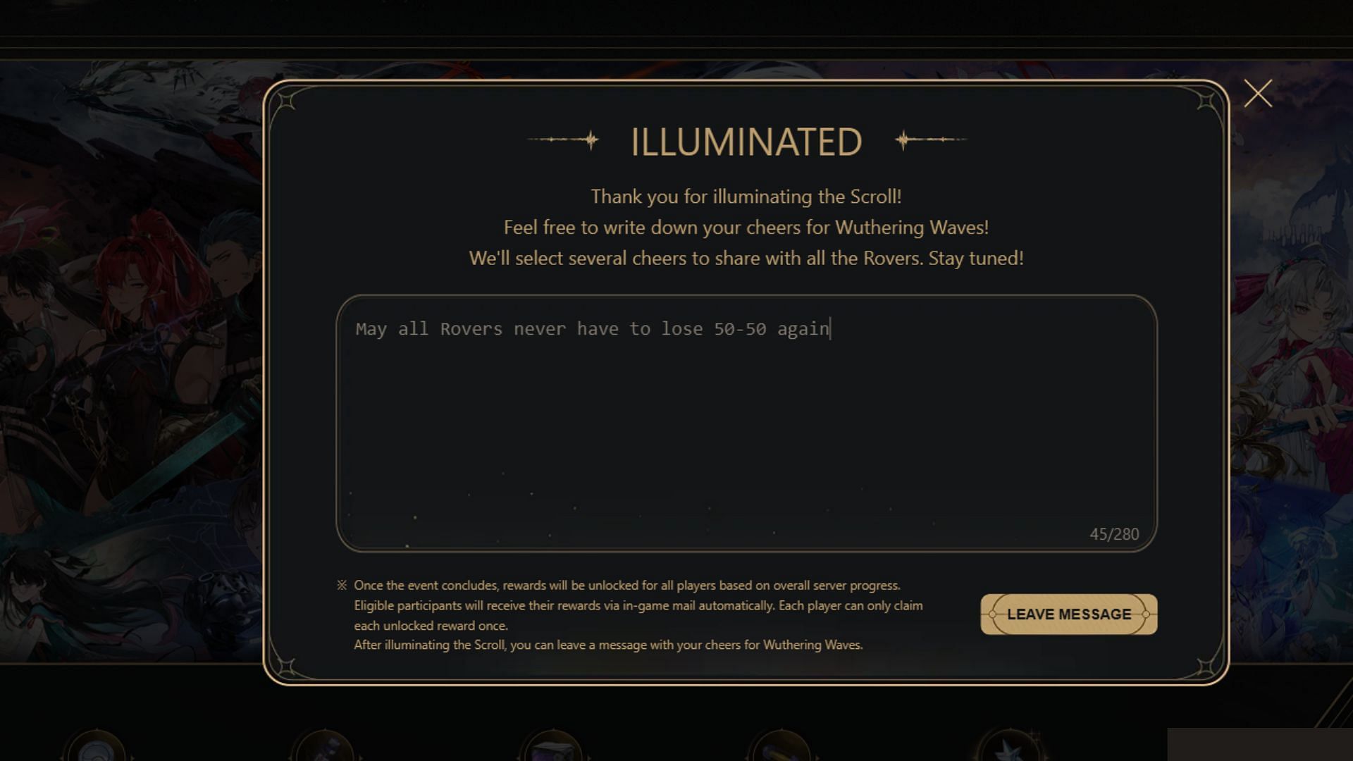 Type a message here for other players to see if yours gets selected by the developers (Image via Kuro Games)